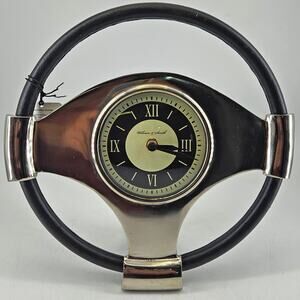 William & Smith Chrome Black Steering Wheel Desk Clock Pier 1 NWT